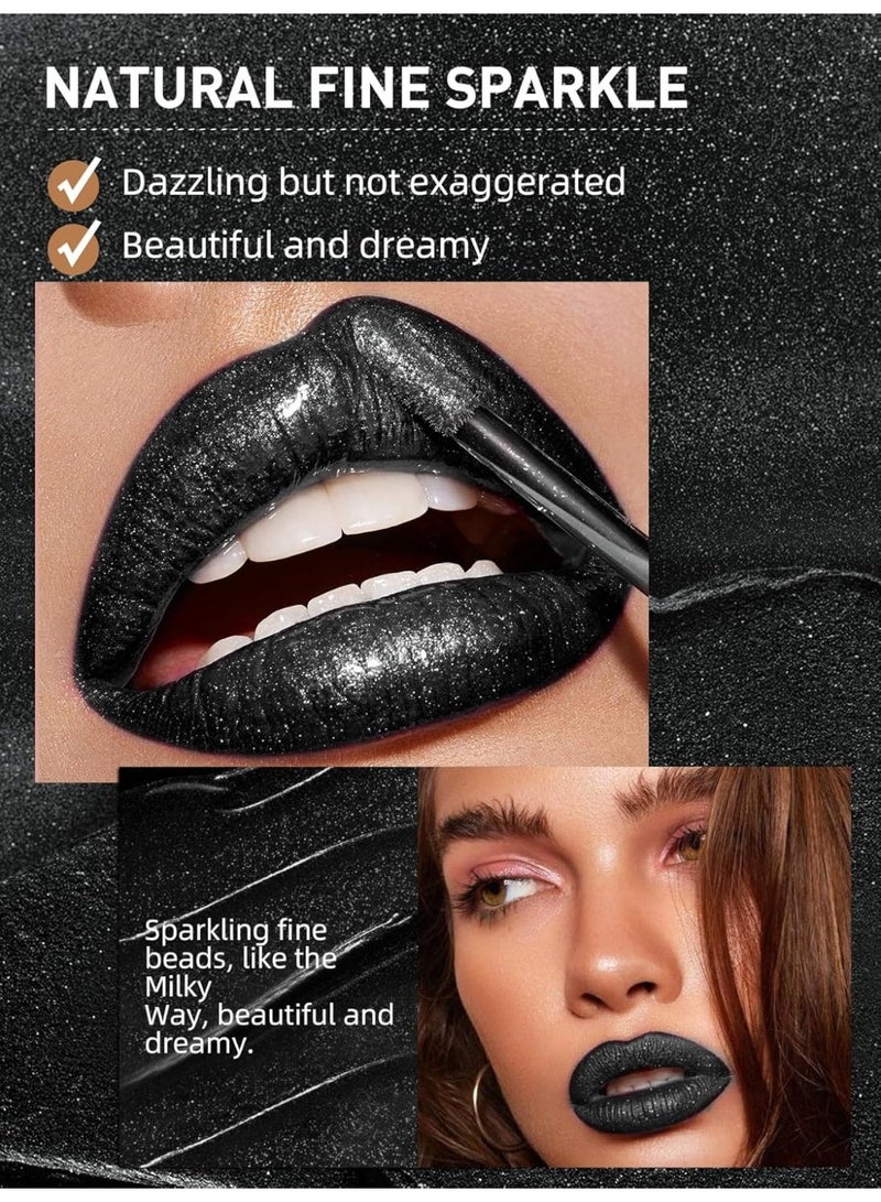Easilydays Black Glitter Lip Gloss, Diamond Shimmer Lipstick, Metallic Matte Lipstick High Pigment Waterproof Long Lasting Lipsticks, Sparkling Glossy Liquid Lipstick Lip Gloss for Women (#10 Black) - Image 2